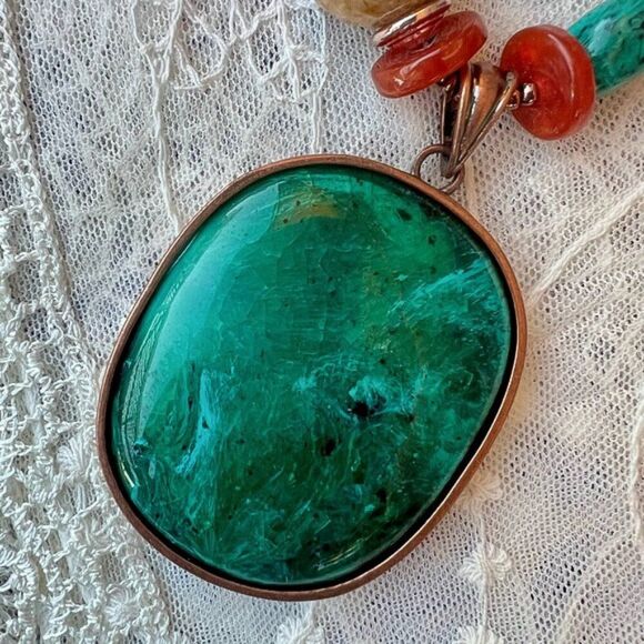 Asymmetrical Turquoise & Coral Beaded Fashion Statement Necklace - Picture 3 of 10